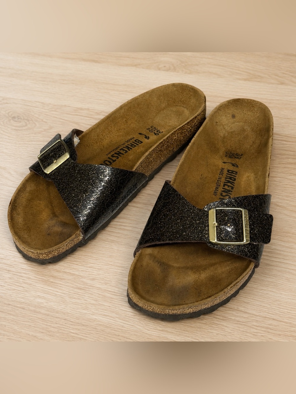 Birkenstock Madrid Cosmic Sparkle Anthracite Brown Glitter Leather Sandals EU39